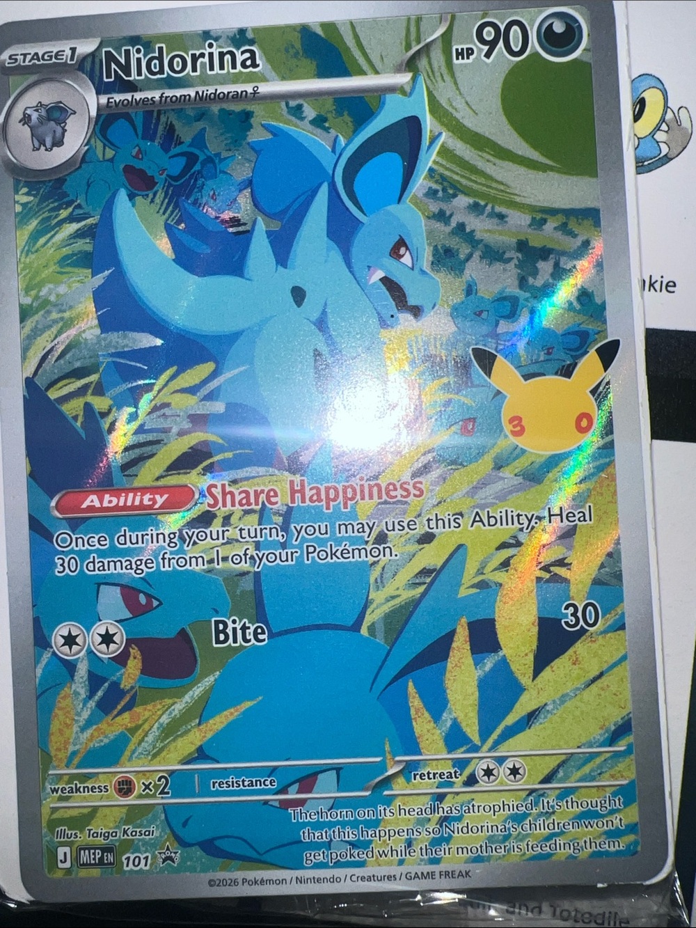 Pokemon Nidorina Holographic Card - Blue & Yellow